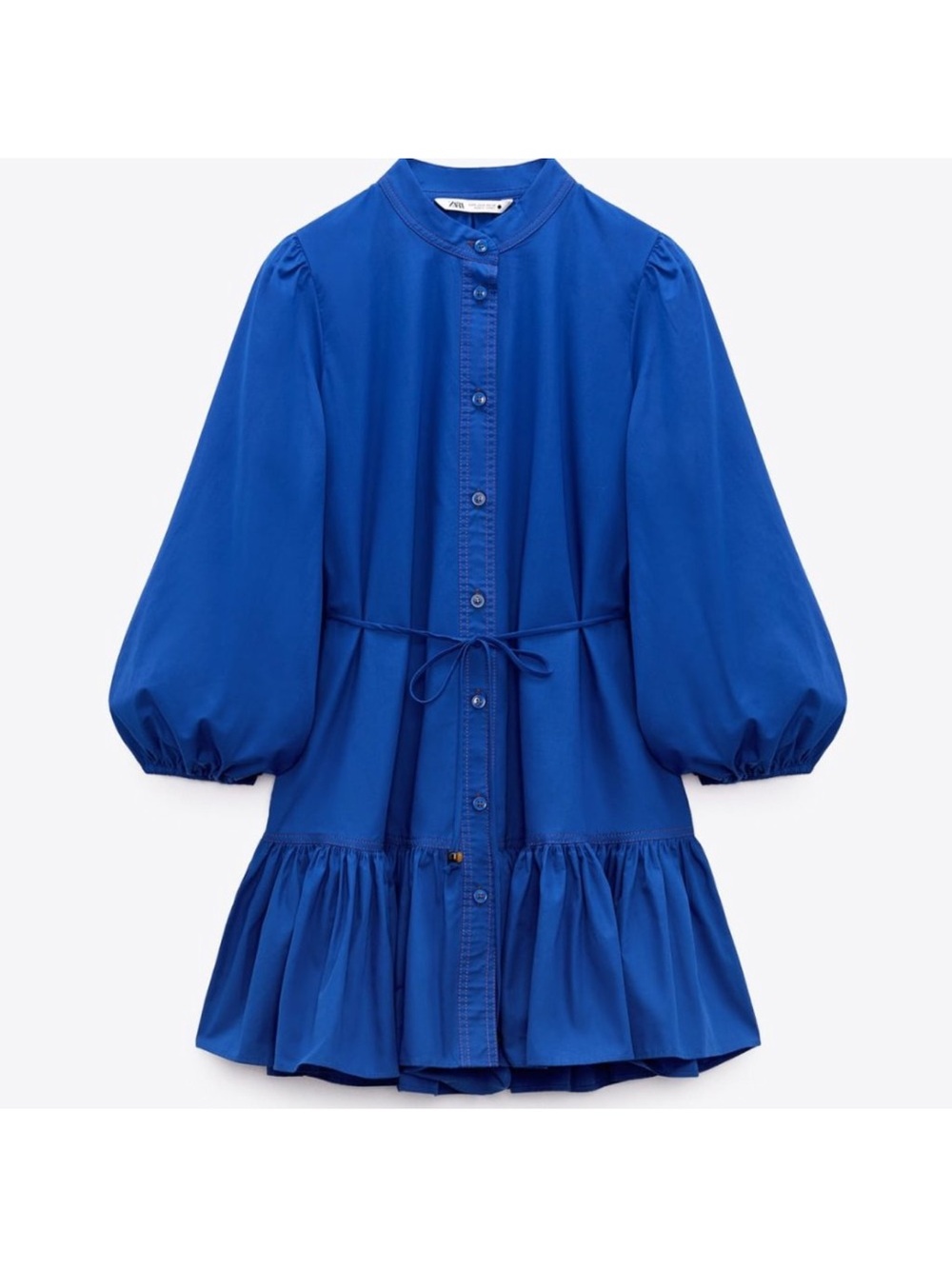 Zara Cobalt Blue Button-Front Long Sleeve Ruffle Hem Mini Shirt Dress XS